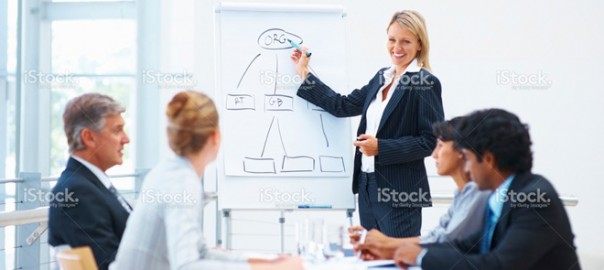 Businesswoman presenting flowchart on whiteboard to colleagues