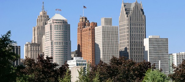 Detroit skyline with skyscrapers and trees