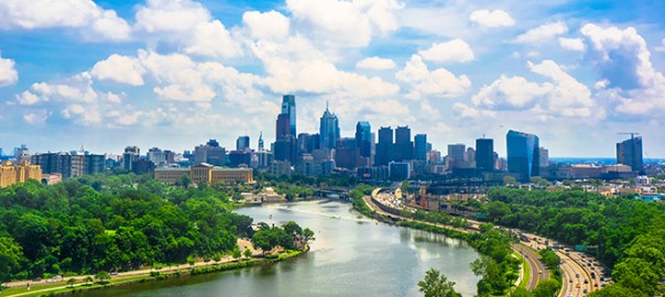 Philadelphia skyline with river and green parks