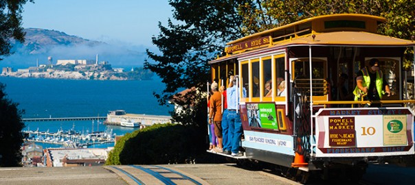 San Francisco cable car with Alcatraz view