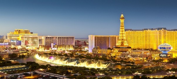 Las Vegas Strip with Bellagio fountains at night