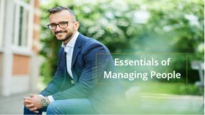 Smiling businessman in suit with "Managing People" overlay